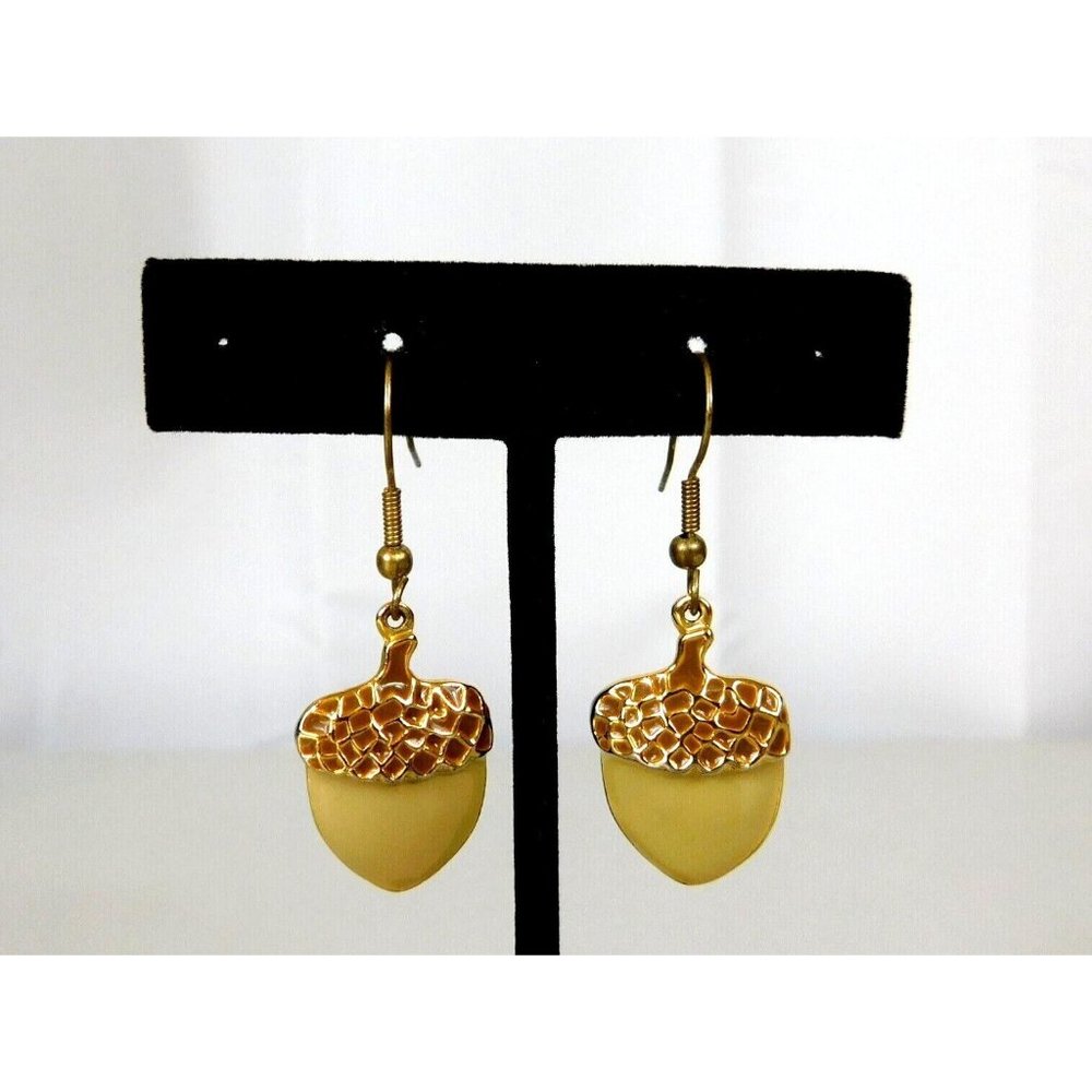Flat Acorn Fishhook Earrings Gold Tone Beige/Tan See Item Description